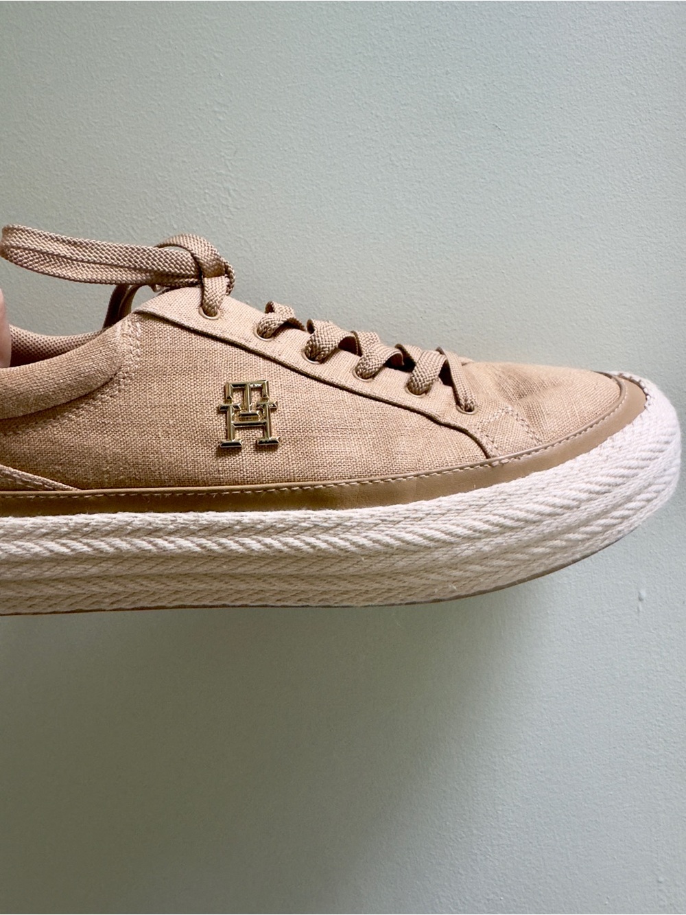 Tommy Hilfiger Neutral Beige Canvas Jute Sneakers with Gold Logo, 9.5